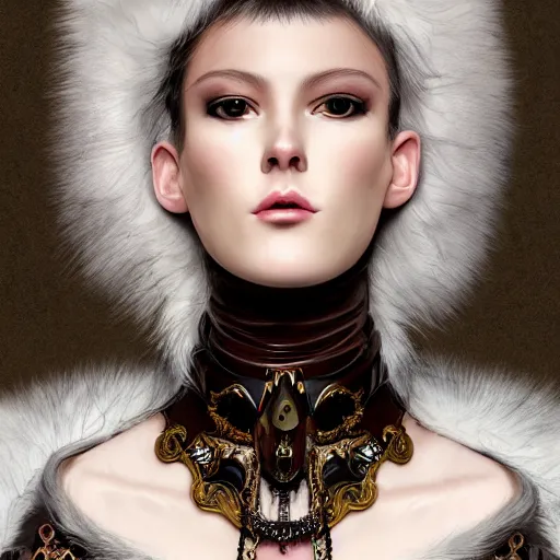 Image similar to A masterpiece portrait of a Incredibly beautiful futuristic high fashion queer model girl with A large luxurious Victorian necklace made of LED displays. Rococo dress from red leather and fur. trending on artstation, digital art, by Stanley Artgerm Lau, WLOP, Rossdraws, James Jean, Andrei Riabovitchev, Marc Simonetti, Yoshitaka Amano