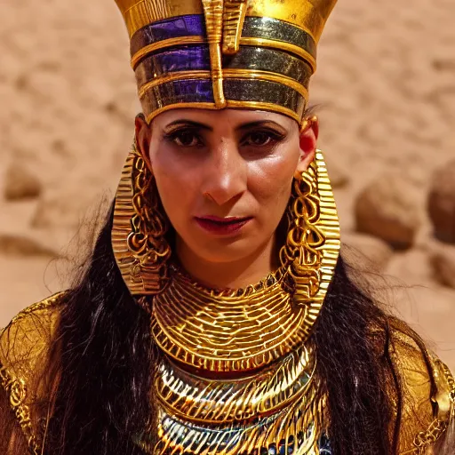 Image similar to photograph of an egyptian woman, gold face chains, chains, egyptian clothing, gold patterns, black clothing, elegant, fancy, rich, character design, costume, egyptian, arabian, dune, desert