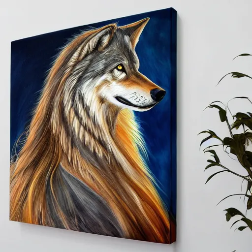 Prompt: a side view of a beautiful woman, long flowing hair, facing a wolf, side view, with nature elements throughout, canvas painting, highly detailed, art by dimitra milan.