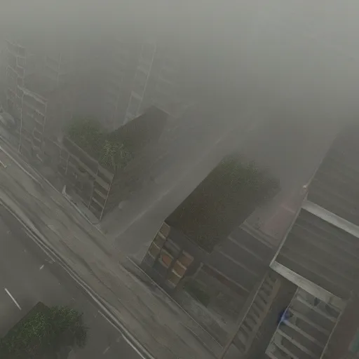 Image similar to overhead view of foggy streets in style of silent hill one, realistic, detailed, 4 k