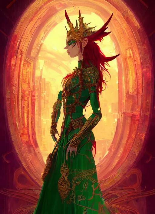 Image similar to a painting of a beautiful cyberpunk elven queen with long red hair, wearing green, red and gold ornate dress, golden intricate crown. detailed symmetrical full body portrait, intricate complexity, concept art, by makoto shinkai and studio madhouse. cinematic dramatic atmosphere, sharp focus