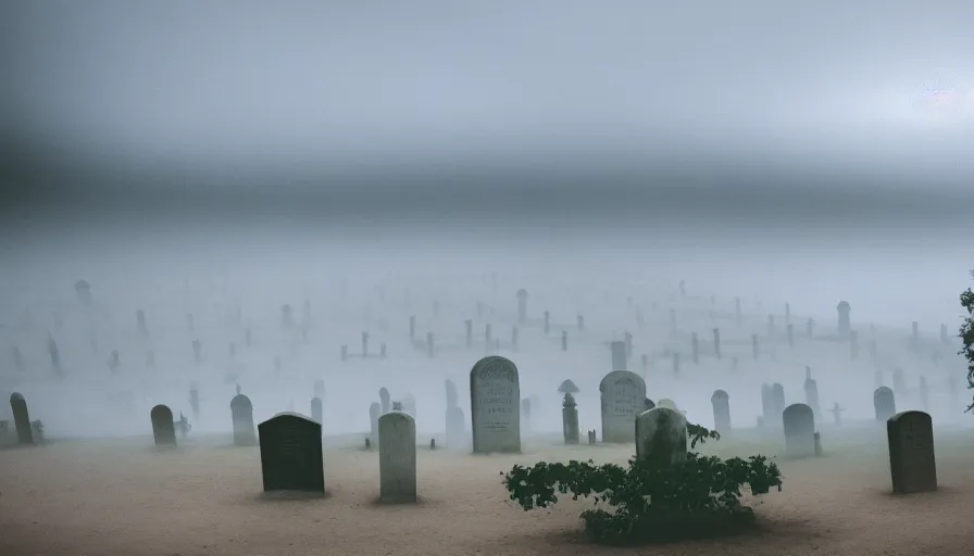 Image similar to a photograph of a ghost floating above a cemetary by a beach, ethereal, misty, muted colors, landscape