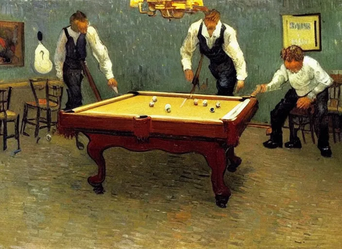 Prompt: a highly detailed beautiful portrait of van gogh playing pool, by gregory manchess, james gurney, james jean