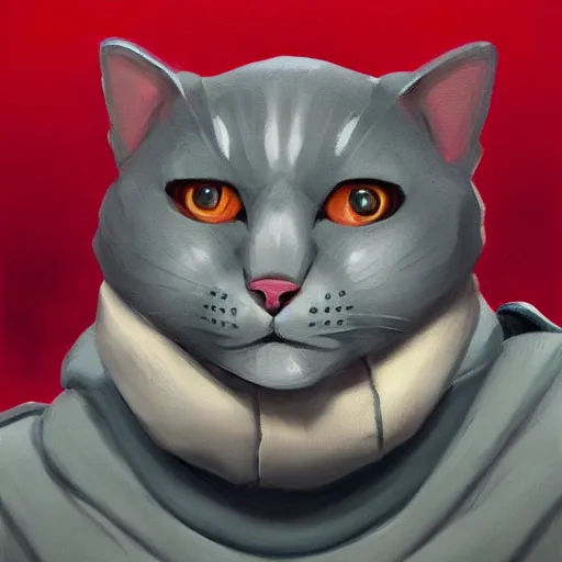 Prompt: Portrait painting of an anthropomorphic gray cat wearing as Soviet leader, as an Overwatch character, medium shot, asymmetrical, profile picture, Organic Painting, sunny day, Matte Painting, bold shapes, hard edges, street art, trending on artstation, by Sergey Kolesov