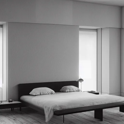 Image similar to symmetry, parallax mapping of brutalist bedroom, minimalist architecture, minimalist furniture, octane render, high quality