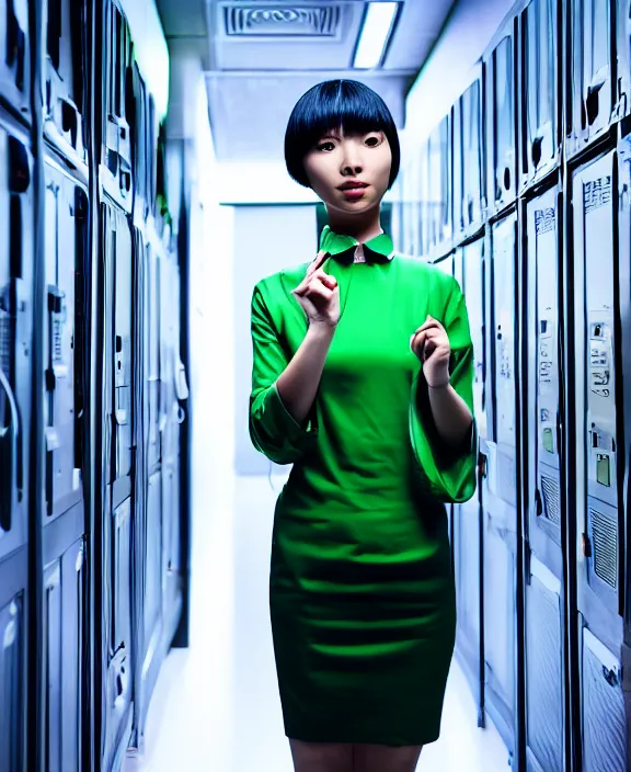 Image similar to asian girl, neon green bobbed and bowl cut hair, standing in a server room, wearing business casual dress, 4 k, vaporwave, cinecolor, perfect detail, realism