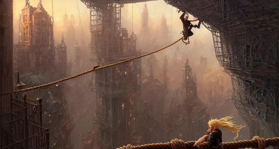 Image similar to landscape painting of a blonde boy thief in leathers using a rope to climb a tall metal steampunk buildings within a fantasy city with bridges, fine details, andreas rocha, magali villeneuve, artgerm, rutkowski