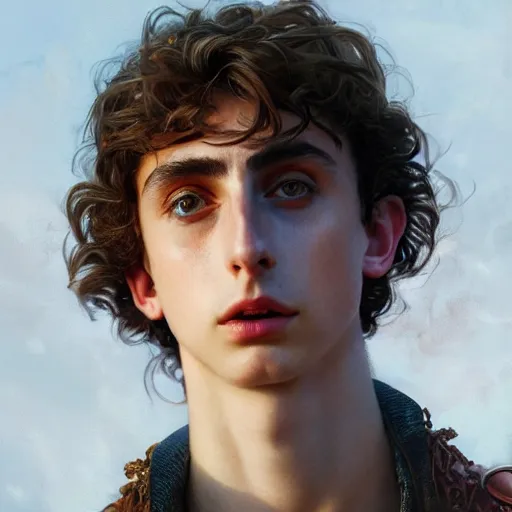 Image similar to Portrait of Timothée Chalamet as a bruised knight, fantasy, intricate, headshot, highly detailed, digital painting, artstation, concept art, sharp focus, cinematic lighting, illustration, art by artgerm and greg rutkowski, alphonse mucha, cgsociety