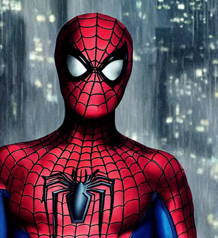 Image similar to tobey maguire as spiderman, dramatic rain, 8 k