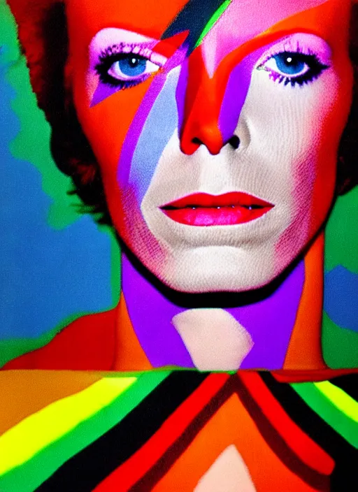 Image similar to portrait close up of david bowie music clip with sonia delaunay clothing, neon lights, photorealistic, eastman kodak