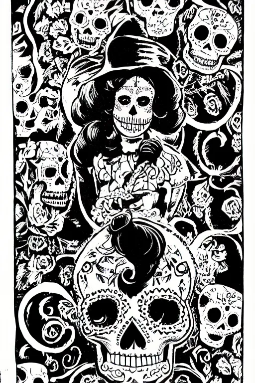 Image similar to illustration of a sugar skull day of the dead girl, art by steve ditko