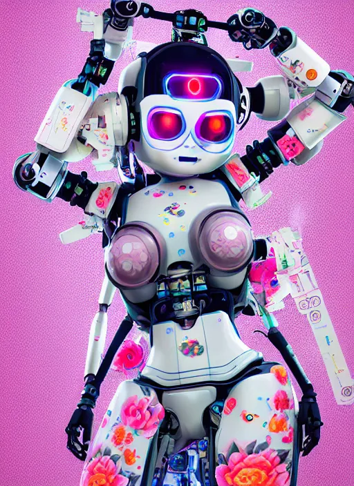 Prompt: full body photo of a belle delphine robot with kanji tattoos and decals wearing a digital pixelated kimono, intricate design, photo - realistic, octane render, ultra fine detailed, character design, trending on artstation