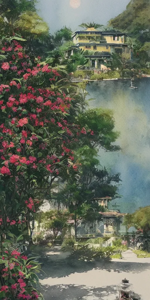 Prompt: watercolor of art deco house in portofino, simple postcard, smooth, painting by ruan jia and mandy jurgens and artgerm and wayne barlowe and greg rutkowski and zdislav beksinski, marittime pines, garden with flowers, simple indian architecture, clear sky in background