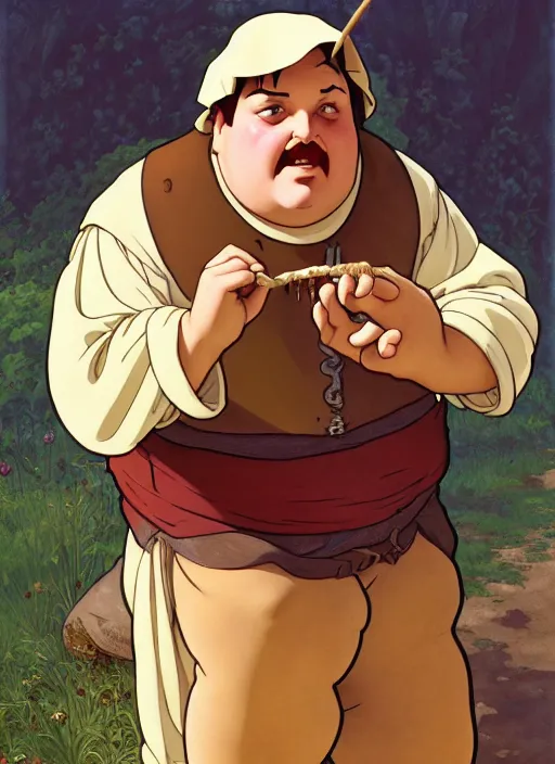 Image similar to dirty, overweight medieval peasant holding ham shank, natural lighting, path traced, highly detailed, high quality, digital painting, by don bluth and ross tran and studio ghibli and alphonse mucha, artgerm
