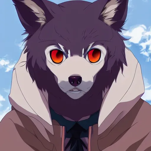 Image similar to key anime visual portrait of an anthropomorphic anthro wolf fursona, in a jacket, with handsome eyes, official modern anime art