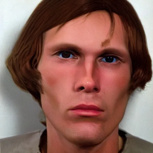 Prompt: A mugshot portrait of a man who looks like Jerma985 with medium length wavy hair, a combover and wearing late 1970s menswear in the late 1970s, taken in the late 1970s, grainy, realistic, hyperrealistic, very realistic, highly detailed, very detailed, extremely detailed, detailed, trending on artstation, front facing, front view, headshot and bodyshot, detailed face, very detailed face
