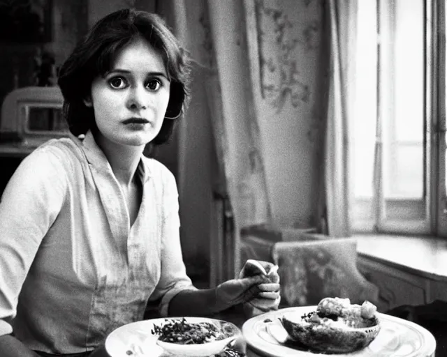 Prompt: 1 9 7 9 a soviet movie still a russian woman sitting at a table with a plate of food in dark warm light, a character portrait by nadya rusheva, perfect symmetric coherent face, perfect symmetric eyes, featured on cg society, neo - fauvism, movie still, 8 k, fauvism, cinestill, bokeh, gelios lens
