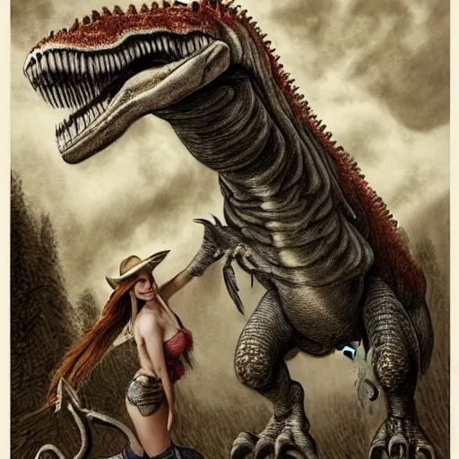 Image similar to a pencil sketch of a pinup girl wearing a cowboy hat riding a tyrannosaurus rex, adonna khare, fine detail, high resolution