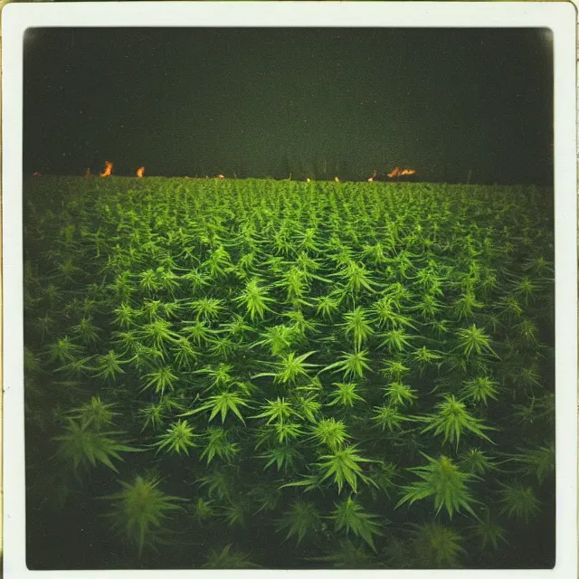 Prompt: field of cannabis on ( ( fire ) ) at night, polaroid