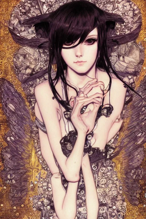 Image similar to portrait of beautiful young gothic maiden, cute anime face, cyberpunk, Warhammer, highly detailed, artstation, illustration, art by Gustav Klimt