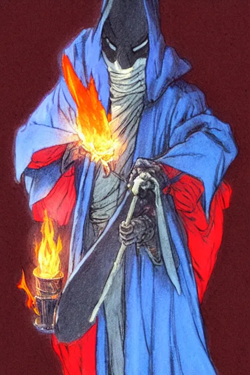 Prompt: a pencil smear sketch of a plague doctor with a blue wizard robe holding his right hand out with fire coming off of it, as a d & d character, blue robe, magical, red highlights, hip hop aesthetic, concept sheet, painting by gaston bussiere, demon slayer, akiri toriyama, dramatic lighting, professional manga style, anime