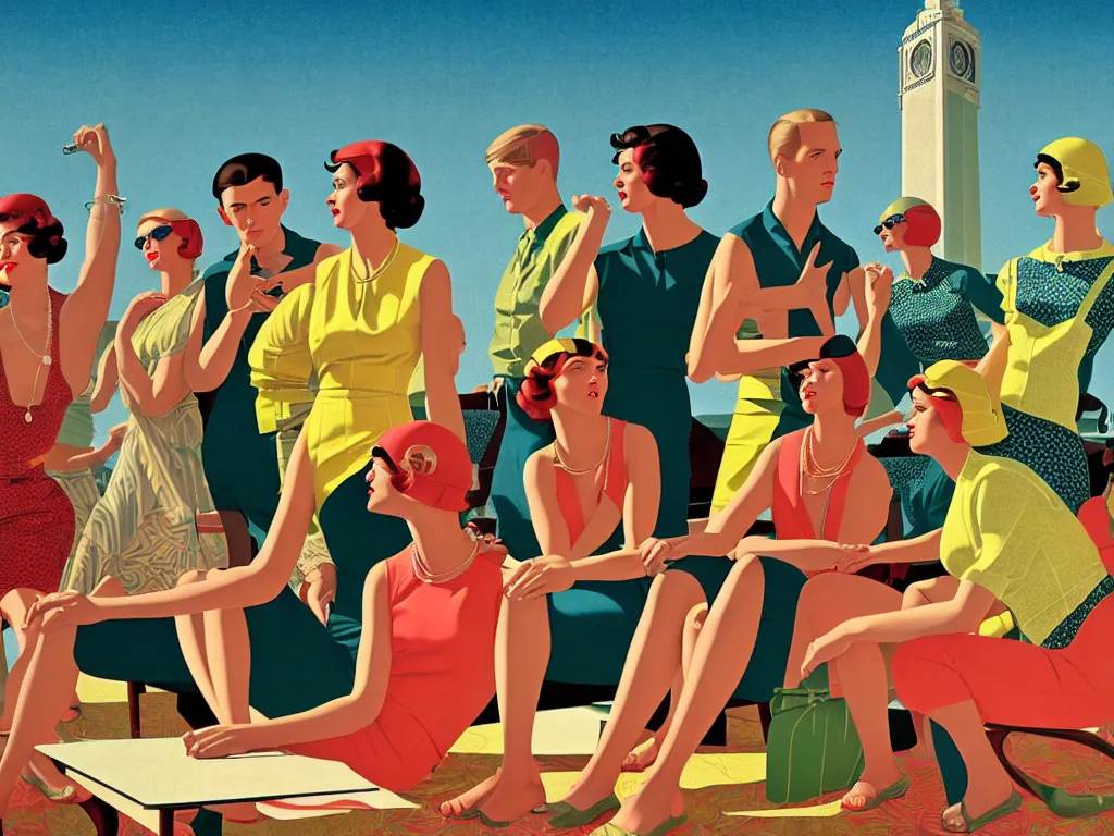 Prompt: small group of people meeting in the city of salvador, brazil, diverse people, sparsely populated, upscale, 1960s, speakeasy, relaxed pose, art deco, detailed painterly digital art style by Coles Phillips, retro vibe, furaffinity, 8k octane beautifully detailed render, post-processing, extremely hyperdetailed, intricate, epic composition, grim yet sparkling atmosphere, cinematic lighting + masterpiece, trending on artstation, very detailed, noir, pastel colors, Art Nouveau, masterpiece, romanticism