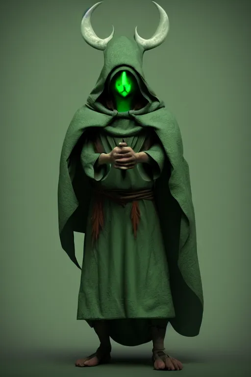 Image similar to A cute shaman with no nose, glowing eyes and a very long hooded dark green cloak of leaves by Julien Kaspar, 3D render, stylized, Cycles Render