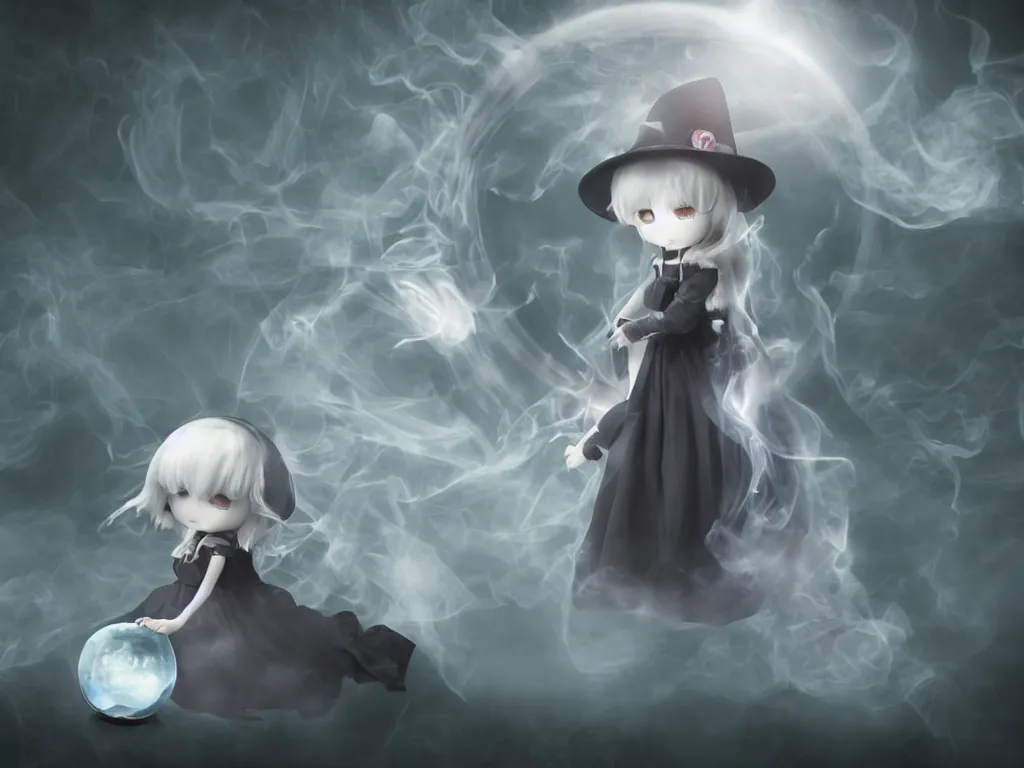 Image similar to cute fumo plush girl gazing into a crystal ball swirling with strange energy, black and white eldritch gothic horror, smoke and volumetric fog, witch girl, soothsayer, lens flare glow, chibi anime, vray