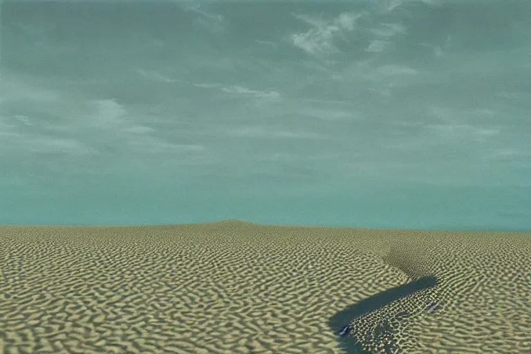 Image similar to sand dunes crossing over a pickle-filled ocean, 90's album cover, album art