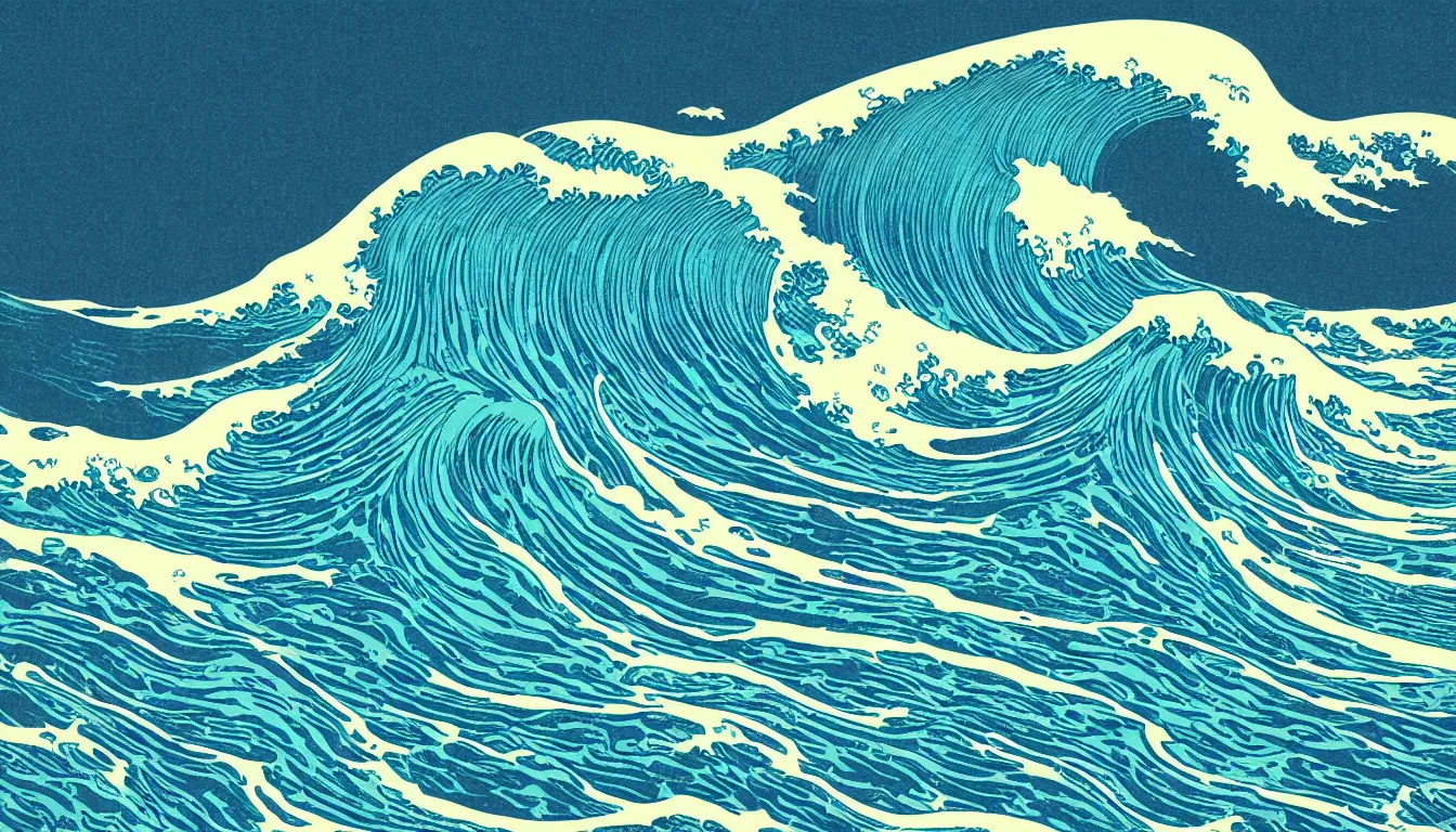 Prompt: ocean wave, land in sight by Kilian Eng, minimalist, detailed, woodblock print