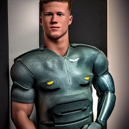 Image similar to a realistic detailed photo of a guy who is an attractive humanoid who is half robot and half humanoid, who is a male android, football player christian mccaffrey, shiny skin, posing like a statue, blank stare, in a living room, on display, showing off his muscles