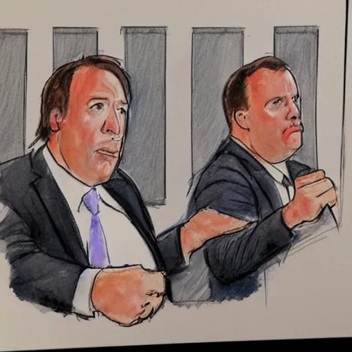 Prompt: alex jones courtroom sketch court trial dancing lobsters