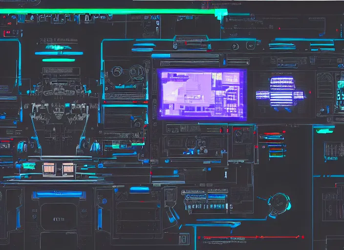 Prompt: cyberpunk graphics user interface ( gui ) depicting operational controls of a mech robot. design by mark coleran or jayse hansen