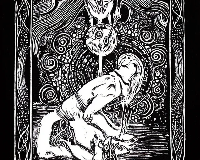 Prompt: The Deviant Moon tarot card, detailed, white in on black paper