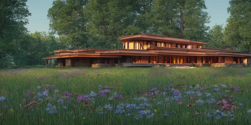 Image similar to cottagecore illustration of a Frank Lloyd Wright house in a meadow by stream in Spring, Pixar and Disney animation, sharp, Rendered in Unreal Engine 5, art by Greg Rutkowski, Bloom, dramatic lighting, sunrise