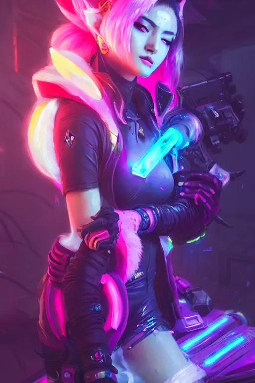 Image similar to ahri from league of legends, cyberpunk futuristic neon. decorated with traditional japanese ornaments by ismail inceoglu dragan bibin hans thoma greg rutkowski alexandros pyromallis nekro rene maritte illustrated, perfect face, fine details, realistic shaded, fine - face, pretty face, masterpiece