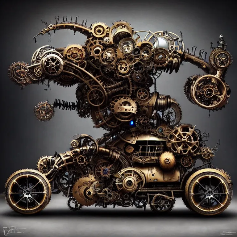 Image similar to biomechanical steampunk vehicle reminiscent of fast sportscar with robotic parts and (glowing) lights parked in ancient lush palace, gothic and baroque, brutalist architecture, ultradetailed, creepy ambiance, fog, artgerm, giger, Intricate by Ellen Jewett and Josan Gonzalez and Giuseppe Arcimboldo