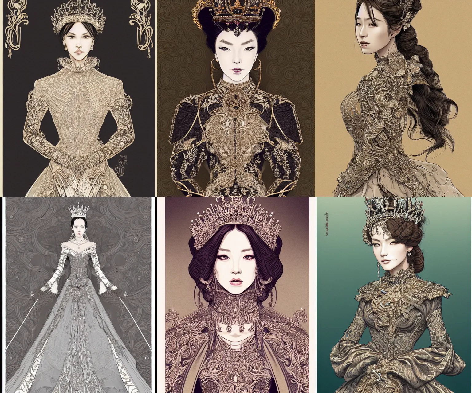 Prompt: portrait of a queen, elegant, fancy clothing, intricate linework, full - color, beautiful, mesmerizing, concept art, detailed and dintricate environment, artstation, trending, behance, deviantart, by hideyuki morioka, akio watanabe, ito ogure, vofan