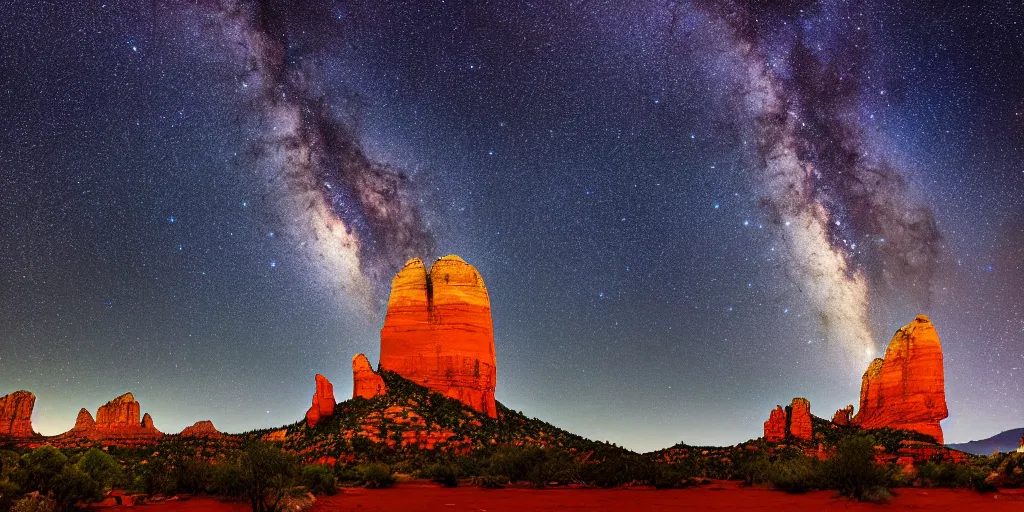 Image similar to long distance shot, sedona's cathedral rock bluff, night, milky way, intricate lines, elegant, extreme detail, sharp focus, photo realistic, ultra realistic, photographic