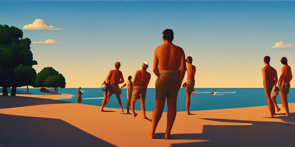 Image similar to beach boys, blue sky, summer evening, kenton nelson