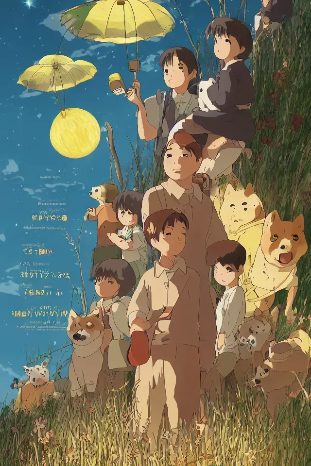 Image similar to a portrait of the movie poster of graveyard of the fireflies with all the characters replaced with shiba inus, in the art style of studio ghibli, miyao hayazaki, artistic 4 k