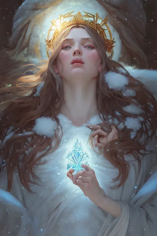 Prompt: goddess of winter solstice, only two hands, highly detailed, digital painting, artstation, concept art, smooth, sharp focus, illustration, unreal engine 5, 8 k, art by artgerm and greg rutkowski and edgar maxence and alphonse mucha