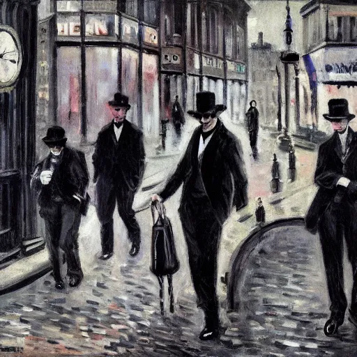 Prompt: Impressionist Noir victorian men in black cityscape post-impressionist London