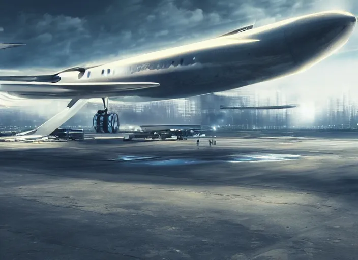 Prompt: futuristic jet plane arrives at runway of cyberpunk airport,cinematic lighting, concept art