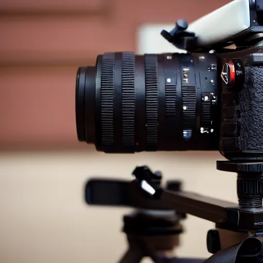 Prompt: a close up of a camera on a tripod, a tilt shift photo by larry zox, featured on cg society, video art, filmic, 8 k resolution, 8 k