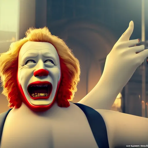 Image similar to Boris Johnson with evil Ronald McDonald body, realistic artstyle, wide shot, dramatic lighting, octane render, hyperrealistic, high quality, highly detailed, HD, beautiful, cinematic, 8k, unreal engine, facial accuracy, symmetrical