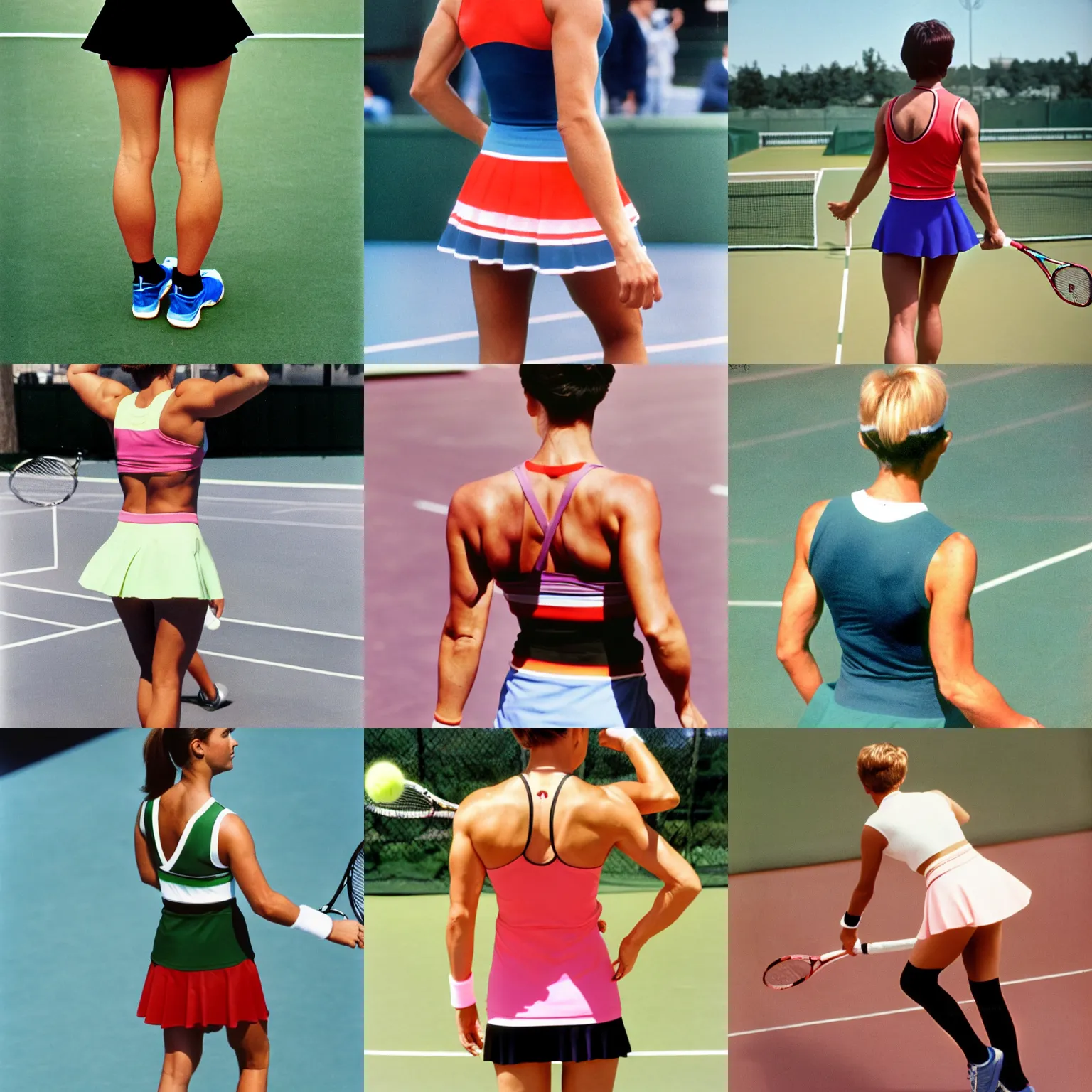 Prompt: A muscular woman, tennis wear, mini-skirt, short hair, tights, ; the tennis coat, summer; 90's professional color photograph, close up, view from behind.