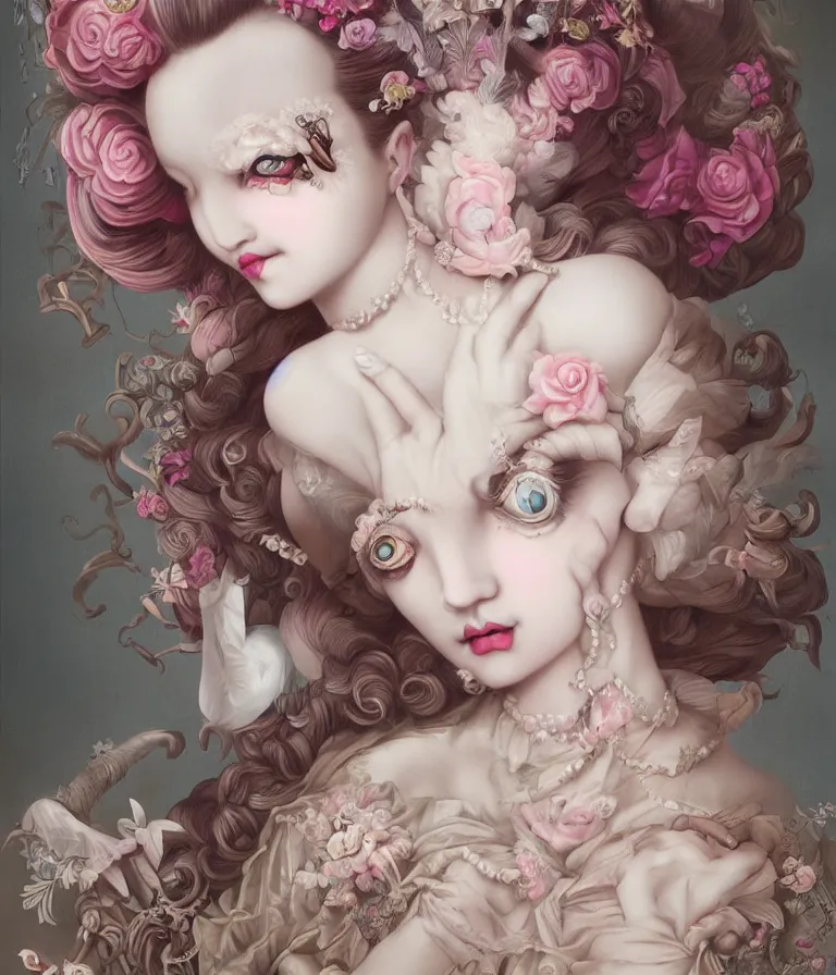 Image similar to pop surrealism, lowbrow art, realistic marie antoinette girl painting, japanese street fashion, hyper realism, muted colours, rococo, natalie shau, loreta lux, tom bagshaw, mark ryden, trevor brown style