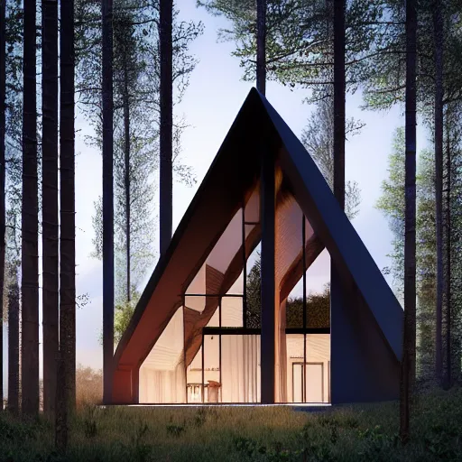 Image similar to minimal modernist a - frame house in the woods, beautiful lighting, volumetric, cinematic lighting, corona render, detailed, symmetrical, minimal, clean