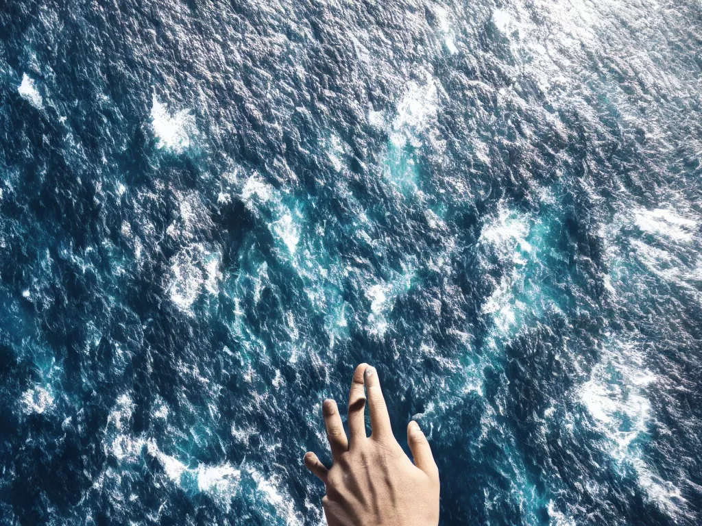 Image similar to the edge of the world, 4k, epic scene, giant android hand reaching out of a chasm